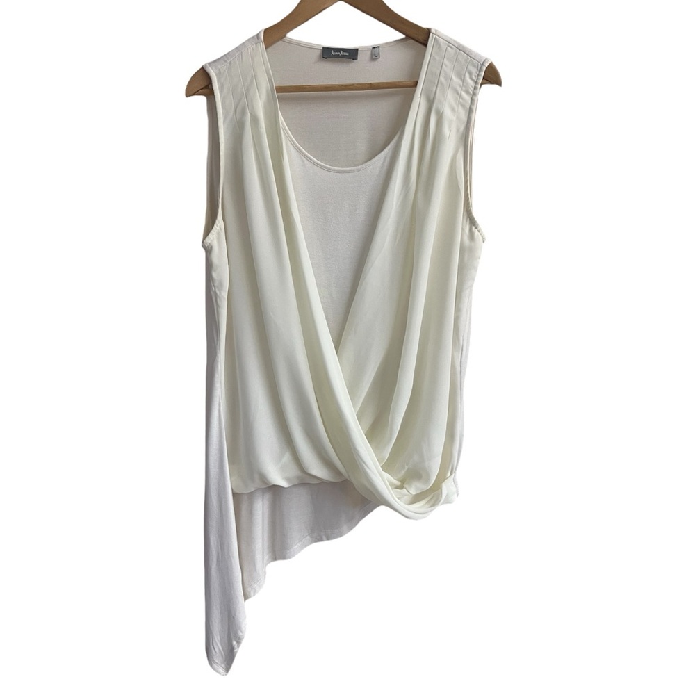 NEIMAN MARCUS Asymmetrical Scoop Neck Draped Blouse Top Size L White & Ivory $99